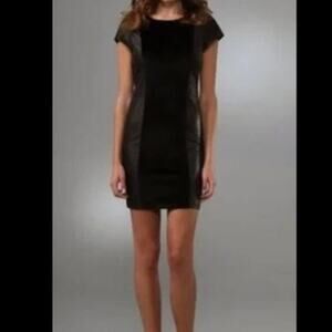 Alice + Olivia Eva Gray Ponte Silk & Black Leather Cap Sleeve Moto Mini Dress M